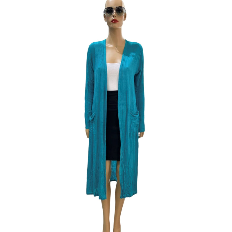 Long cardigan femme avec 2 poches #couleur_acqua