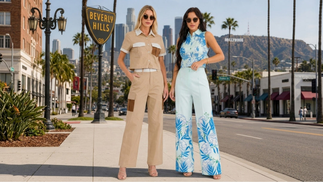 Deux femmes en tenues tendance à Beverly Hills, robes et pantalons mode été pour femmes