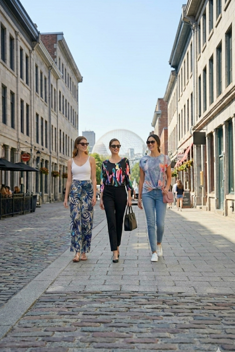 Trois femmes élégantes en tenues mode marchent dans une rue pavée, sacs à main et lunettes de soleil, look tendance pour femmes.