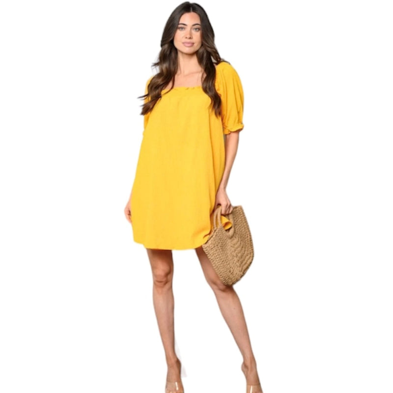Robe courte col carré #couleur_moutarde