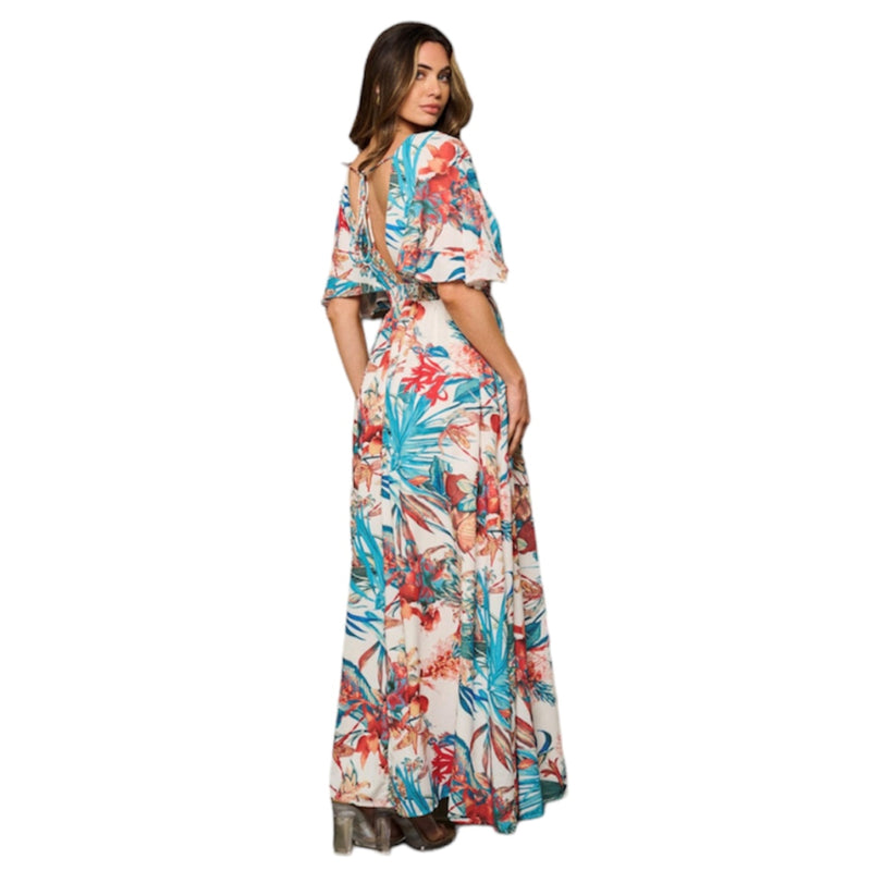 Cette robe floral longue arbore un motif floral bleu et orange sur un fond beige, ajoutant une touche de couleur à votre tenue. Elle allie confort et élégance pour un look intemporel. Parfaite pour les occasions spéciales ou pour un look de tous les jours. Une incontournable dans votre dressing !