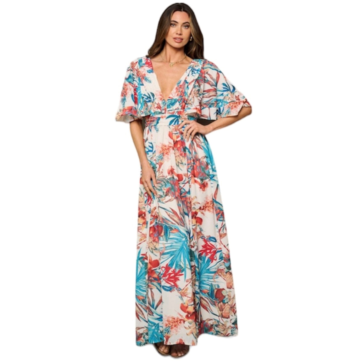 Cette robe floral longue arbore un motif floral bleu et orange sur un fond beige, ajoutant une touche de couleur à votre tenue. Elle allie confort et élégance pour un look intemporel. Parfaite pour les occasions spéciales ou pour un look de tous les jours. Une incontournable dans votre dressing !