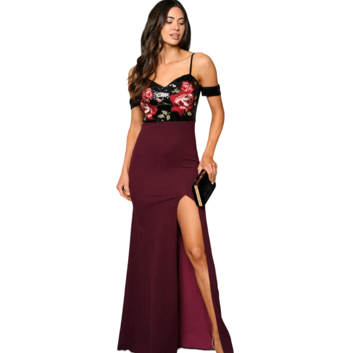 Robe longue C'est Elle avec le top fleur et paillettes. Elégante et raffinée cette robe detournera tout les regards.  Soutien incrusté pour assurer un maximum de comfort. Exclusivité C'est Elle. 