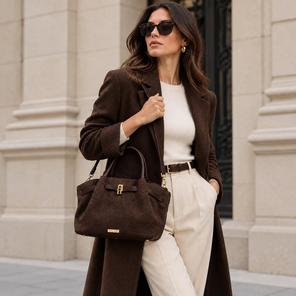 Femme portant un manteau marron et un sac fourre tout C'est Elle en daim marron foncé.